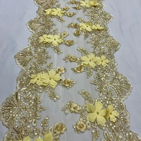 Gold Beaded Lace Table Runner Lace Fabric - Gold 3D Embroidered Lace With Pearls And Sequins, 13" Width