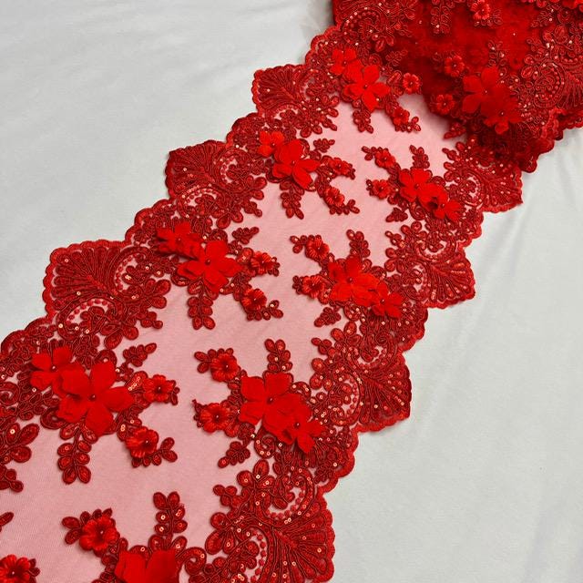 Red Beaded Lace Table Runner 3D Floral Lace Fabric - Red Floral Pattern, 13" Width (1 Yard)
