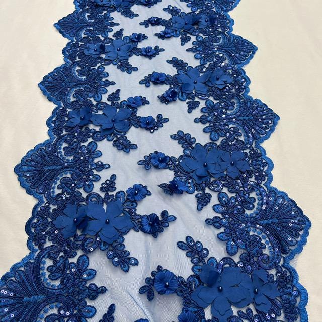 Royal Blue Beaded Lace Table Runner Lace Fabric - 3D Embroidered Floral Lace, Pearls, Sequins, 13" Width