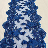 Royal Blue Beaded Lace Table Runner Lace Fabric - 3D Embroidered Floral Lace, Pearls, Sequins, 13" Width