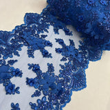 Royal Blue Beaded Lace Table Runner Lace Fabric - 3D Embroidered Floral Lace, Pearls, Sequins, 13" Width