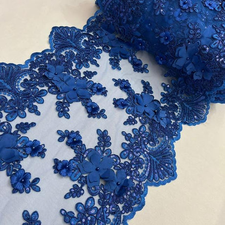 Royal Blue Beaded Lace Table Runner Lace Fabric - 3D Embroidered Floral Lace, Pearls, Sequins, 13" Width