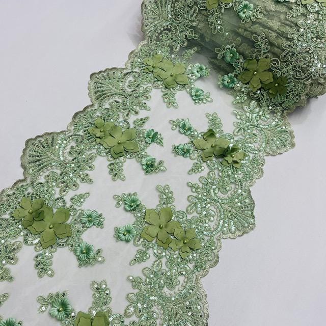 Sage Green Beaded Lace Fabric - 3D Embroidered Lace With Pearls And Sequins, 13" Width