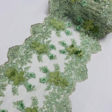 Sage Green Beaded Lace Fabric - 3D Embroidered Lace With Pearls And Sequins, 13" Width