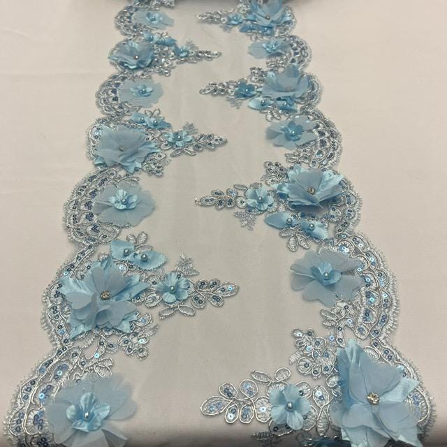 Baby Blue Beaded Lace Fabric - 3D Embroidered Lace With Pearls And Crystals, 22" Width