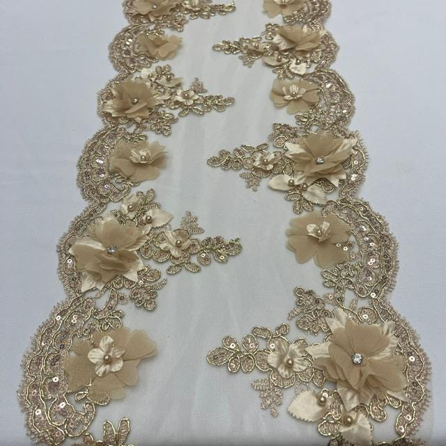 Champagne Beaded Lace Fabric - 3D Embroidered Floral Lace, Champagne, 22" Width