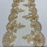 Champagne Beaded Lace Fabric - 3D Embroidered Floral Lace, Champagne, 22" Width