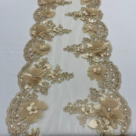 Champagne Beaded Lace Fabric - 3D Embroidered Floral Lace, Champagne, 22" Width