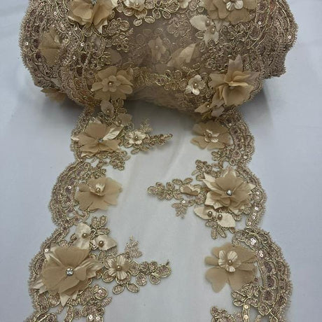 Champagne Beaded Lace Fabric - 3D Embroidered Floral Lace, Champagne, 22" Width