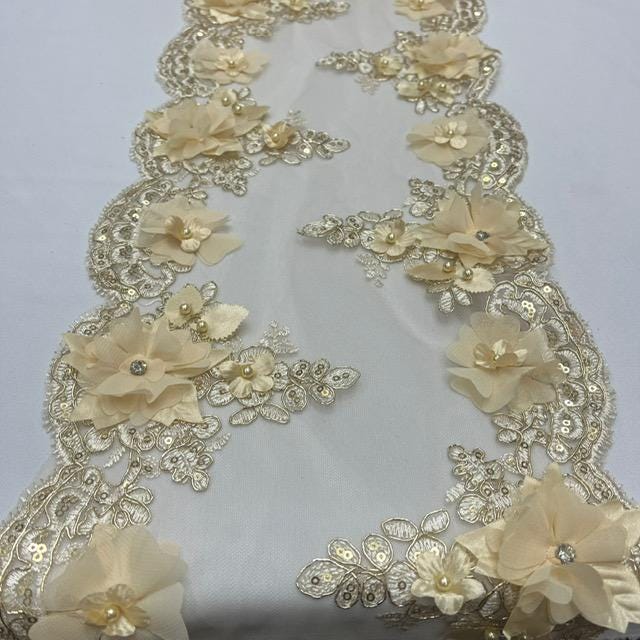 VT-34 Gold Beaded Lace Fabric - Gold 3D Embroidered Lace With Pearls And Crystals, 22" Width