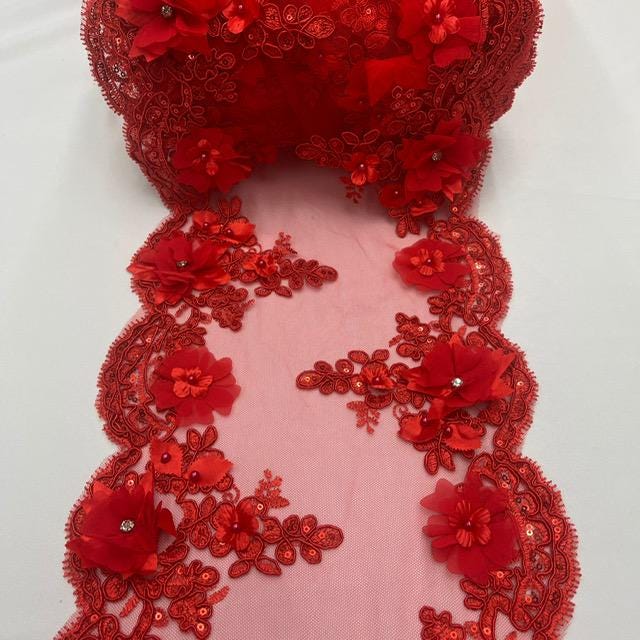 Red Beaded Lace Table Runner Lace Fabric - Red 3D Embroidered Lace With Pearls And Crystals, 20" Width