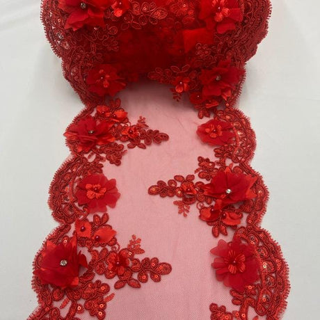 Red Beaded Lace Table Runner Lace Fabric - Red 3D Embroidered Lace With Pearls And Crystals, 20" Width