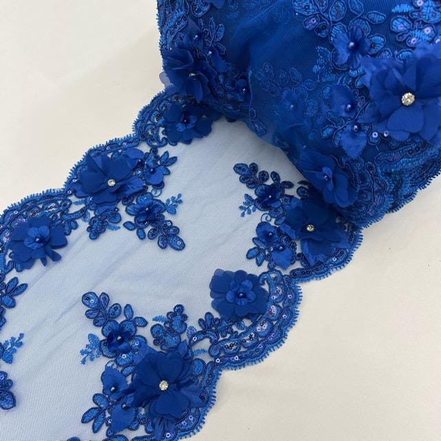 Royal Blue Beaded Lace Fabric - 3D Embroidered Lace, Pearls, Crystals, 22" Width