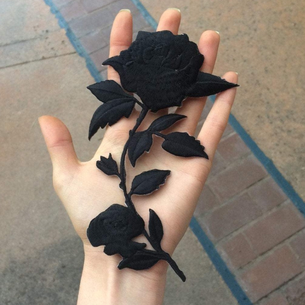 Embroidered Black Rose Patch Pair