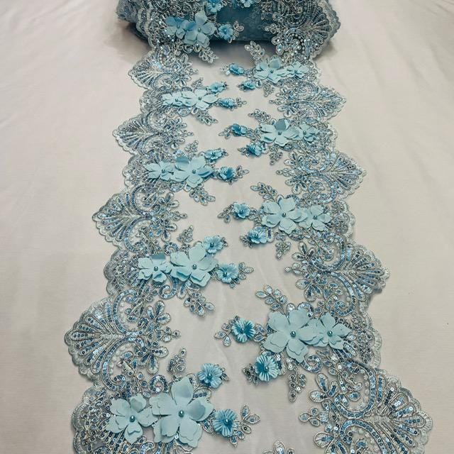 Baby Blue Beaded Lace Fabric - 3D Floral Lace, Pearls, Sequins, 13" Width