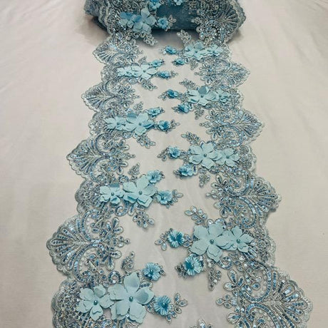 Baby Blue Beaded Lace Fabric - 3D Floral Lace, Pearls, Sequins, 13" Width