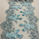 Baby Blue Beaded Lace Fabric - 3D Floral Lace, Pearls, Sequins, 13" Width