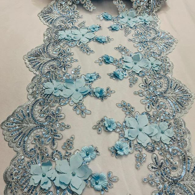Baby Blue Beaded Lace Fabric - 3D Floral Lace, Pearls, Sequins, 13" Width
