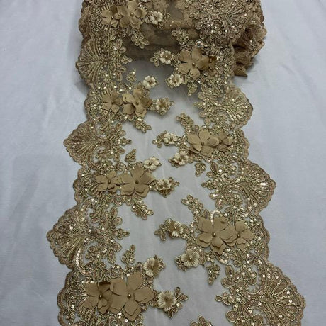 Champagne Beaded Lace Fabric - 3D Embroidered Floral Lace, Champagne, Pearls And Sequins, 13" Width