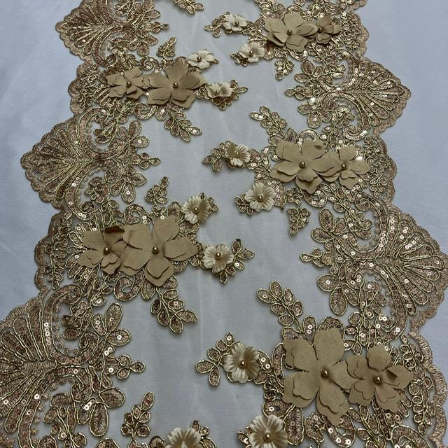 Champagne Beaded Lace Fabric - 3D Embroidered Floral Lace, Champagne, Pearls And Sequins, 13" Width