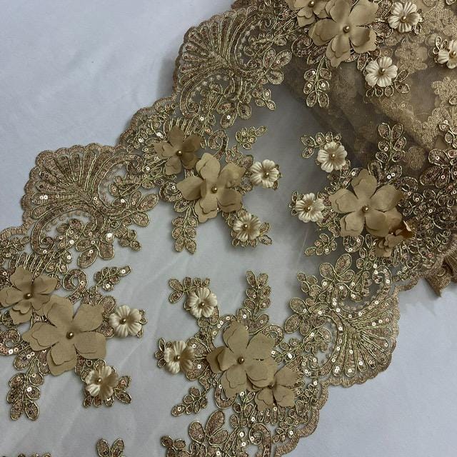 Champagne Beaded Lace Fabric - 3D Embroidered Floral Lace, Champagne, Pearls And Sequins, 13" Width