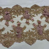 Dusty Rose Beaded Lace Fabric - Vintage 3D Floral Lace, Dusty Rose, 13" Width