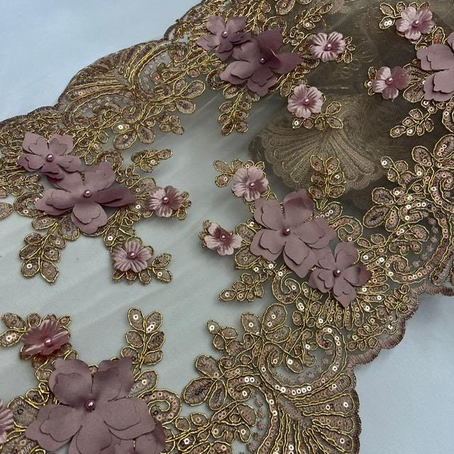 Dusty Rose Beaded Lace Fabric - Vintage 3D Floral Lace, Dusty Rose, 13" Width