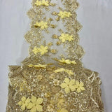 Gold Beaded Lace Table Runner Lace Fabric - Gold 3D Embroidered Lace With Pearls And Sequins, 13" Width