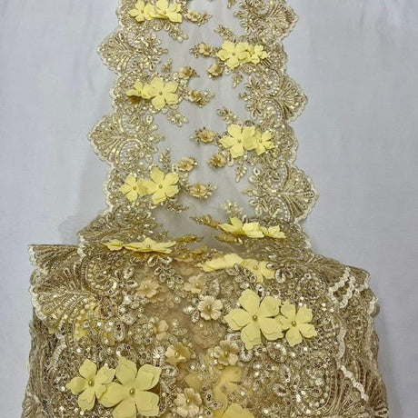 Gold Beaded Lace Table Runner Lace Fabric - Gold 3D Embroidered Lace With Pearls And Sequins, 13" Width