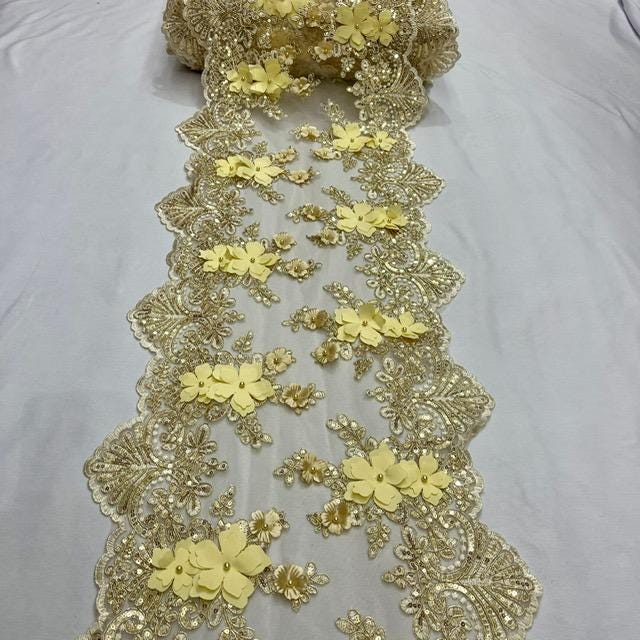 Gold Beaded Lace Table Runner Lace Fabric - Gold 3D Embroidered Lace With Pearls And Sequins, 13" Width