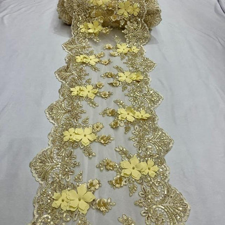 Gold Beaded Lace Table Runner Lace Fabric - Gold 3D Embroidered Lace With Pearls And Sequins, 13" Width