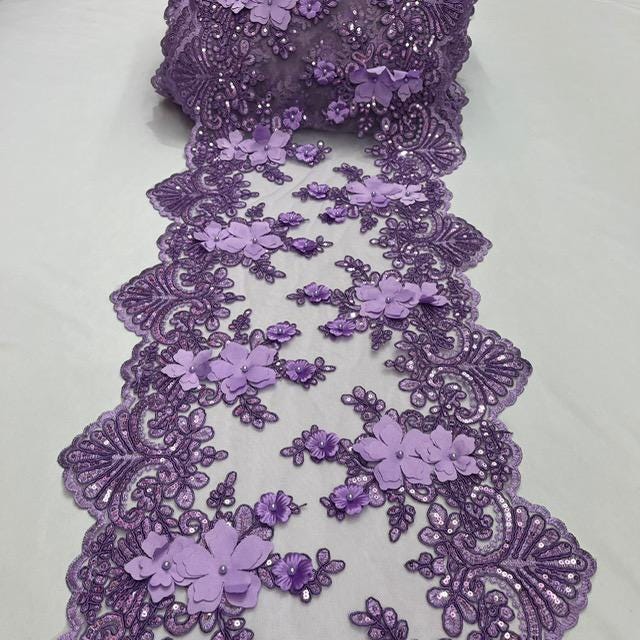 Lilac Beaded Lace Table Runner Lace Fabric - Lilac 3D Floral Lace, Pearls And Sequins, 13" Width (1 Yard)