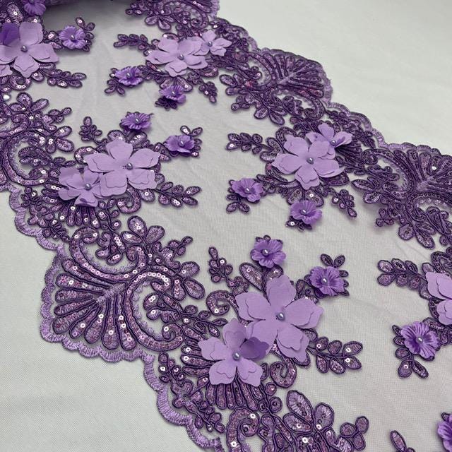 Lilac Beaded Lace Table Runner Lace Fabric - Lilac 3D Floral Lace, Pearls And Sequins, 13" Width (1 Yard)