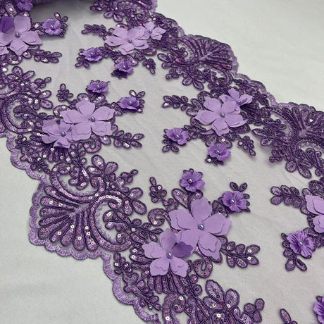 Lilac Beaded Lace Table Runner Lace Fabric - Lilac 3D Floral Lace, Pearls And Sequins, 13" Width (1 Yard)