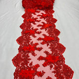 Red Beaded Lace Table Runner 3D Floral Lace Fabric - Red Floral Pattern, 13" Width (1 Yard)
