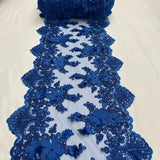 Royal Blue Beaded Lace Table Runner Lace Fabric - 3D Embroidered Floral Lace, Pearls, Sequins, 13" Width