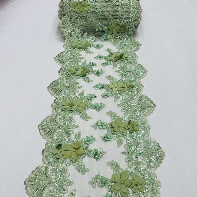 Sage Green Beaded Lace Fabric - 3D Embroidered Lace With Pearls And Sequins, 13" Width