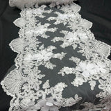 White Beaded Lace Table Runner 3D Floral Lace Fabric - White, Pearls And Sequins, 13" Width