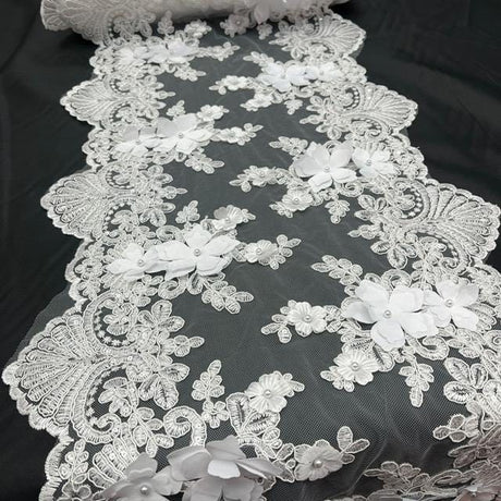 White Beaded Lace Table Runner 3D Floral Lace Fabric - White, Pearls And Sequins, 13" Width