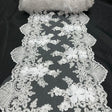 White Beaded Lace Table Runner 3D Floral Lace Fabric - White, Pearls And Sequins, 13" Width