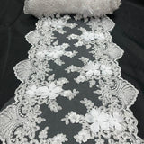 White Beaded Lace Table Runner 3D Floral Lace Fabric - White, Pearls And Sequins, 13" Width