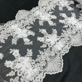 White Beaded Lace Table Runner 3D Floral Lace Fabric - White, Pearls And Sequins, 13" Width