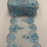 Baby Blue Beaded Lace Fabric - 3D Embroidered Lace With Pearls And Crystals, 22" Width