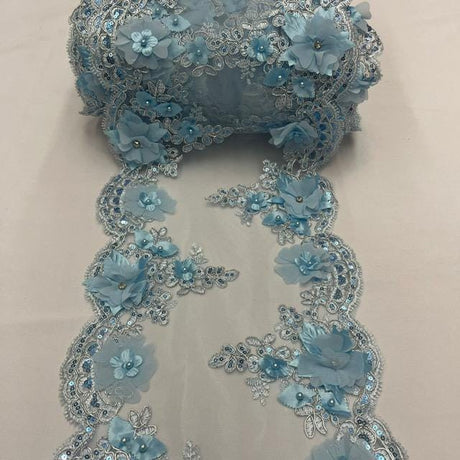 Baby Blue Beaded Lace Fabric - 3D Embroidered Lace With Pearls And Crystals, 22" Width