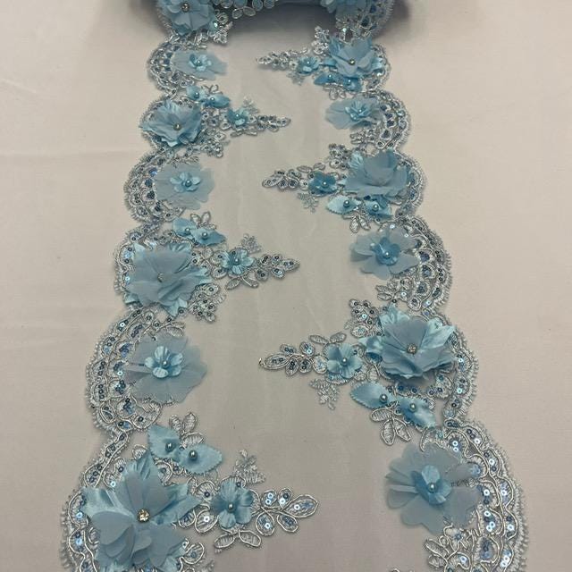 Baby Blue Beaded Lace Fabric - 3D Embroidered Lace With Pearls And Crystals, 22" Width