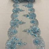 Baby Blue Beaded Lace Fabric - 3D Embroidered Lace With Pearls And Crystals, 22" Width