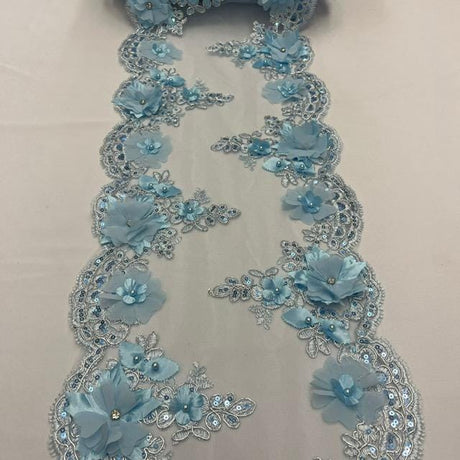 Baby Blue Beaded Lace Fabric - 3D Embroidered Lace With Pearls And Crystals, 22" Width