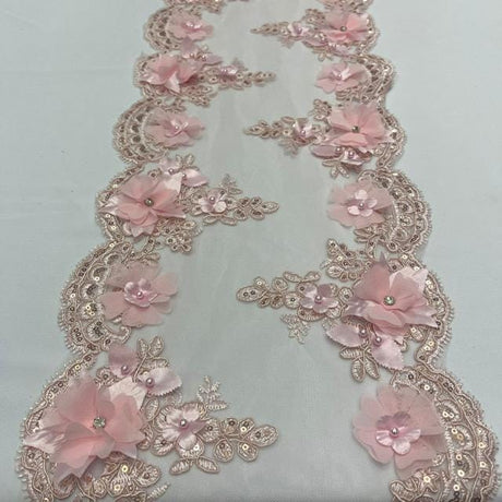 Blush Pink Beaded Lace Fabric - 3D Floral Lace, Pearls And Crystals, 22" Width