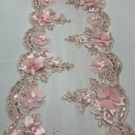 Blush Pink Beaded Lace Fabric - 3D Floral Lace, Pearls And Crystals, 22" Width