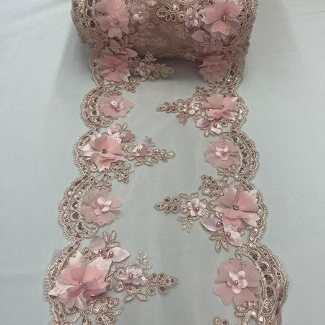 Blush Pink Beaded Lace Fabric - 3D Floral Lace, Pearls And Crystals, 22" Width